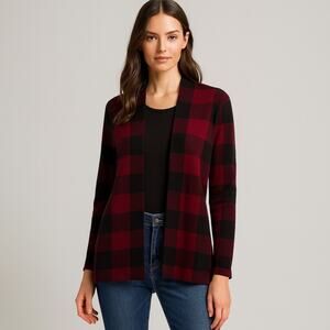 Talbots Petite Small Plaid Open Front Cardigan Jacket Buffalo Check